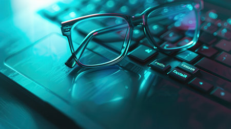A pair of eyeglasses rests on a black computer keyboard, illuminated by a blue light, creating a modern and clean aesthetic.の素材