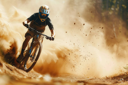 A professional cyclist races through a dusty trail on an enduro mountain bike.の素材