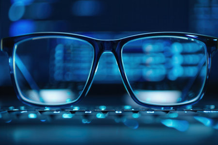 Eyeglasses rest on a computer keyboard, reflecting the blue glow of the screen in the background.の素材