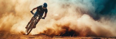 A professional cyclist rides an enduro trail bike on dusty terrain, kicking up a cloud of dust behind them.の素材