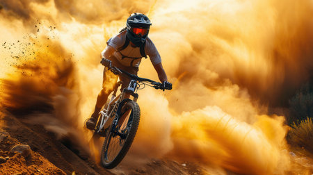 A professional cyclist races down a dusty trail on an enduro mountain bike, kicking up a cloud of dirt behind them.の素材
