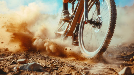 A professional cyclist races down a dusty trail, kicking up a cloud of dirt as they navigate the rough terrain.の素材