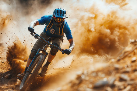 A professional cyclist races down a dusty trail on an enduro mountain bike.の素材
