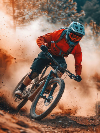 A professional cyclist rides an enduro trail bike through a dusty, rocky trail, kicking up dirt as they maneuver through a turn.の素材