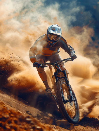 A professional cyclist races downhill on a dusty trail, kicking up a cloud of dirt as they navigate a turn.の素材