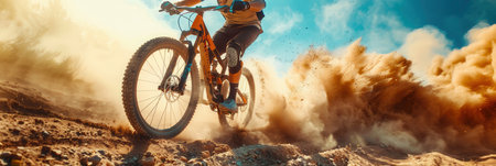 A professional cyclist rides an enduro trail bike on dusty terrain, kicking up a large cloud of dust in their wake.の素材