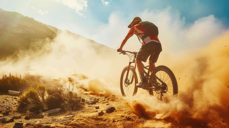A professional cyclist rides an enduro trail bike on a dusty terrain, kicking up a cloud of dust as they speed through the mountains.の素材