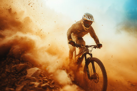 A professional cyclist rides an enduro trail bike through a cloud of dust on a rocky, dry terrain.の素材