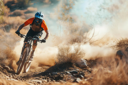 A professional cyclist speeds down a dusty trail on an enduro bike.の素材