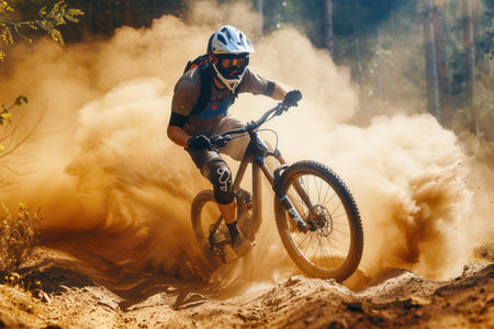 A professional cyclist rides an enduro trail bike through a dusty forest trail, kicking up a cloud of dirt as they navigate the terrain.の素材