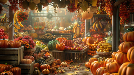 A bustling farmers market overflowing with pumpkins, colorful vegetables, and fresh fruit.の素材