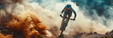 A professional cyclist rides an enduro trail bike on a dusty terrain, kicking up a cloud of dirt as they navigate a steep downhill section.の素材