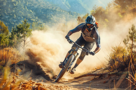 A professional cyclist rides an enduro trail bike on dusty terrain, kicking up a cloud of dirt behind them as they navigate the winding path.の素材