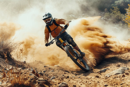 A professional cyclist navigates a dusty trail on an enduro mountain bike, kicking up a cloud of dirt.の素材