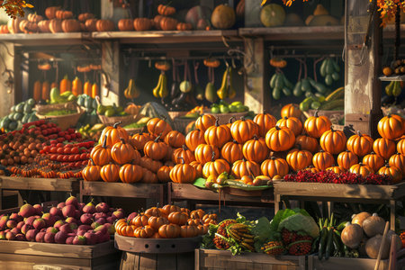 A farmers market stall overflowing with pumpkins, gourds, and other fall harvest vegetables.の素材