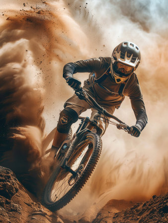 A professional cyclist races down a dusty trail on an enduro mountain bike, kicking up a cloud of dirt.の素材