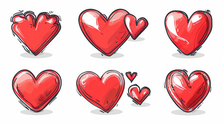 Six red hearts drawn in various styles. The hearts are drawn with thick black outlines and varying shades of red.の素材