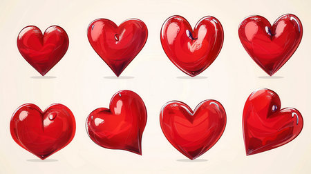 Eight red hearts drawn in different styles with varying degrees of gloss.の素材