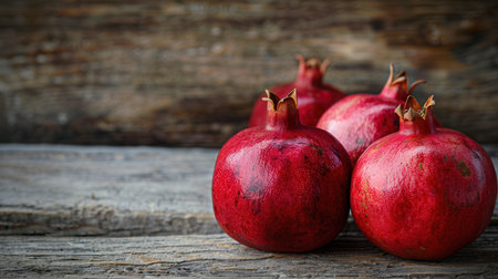 Three ripe pomegranates with visible seeds rest on a rustic wooden surface. The pomegranates have a deep red hue and appear juicy and fresh.の素材