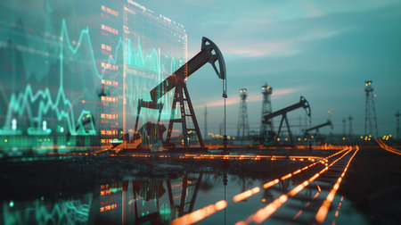 A double exposure image shows oil pumps in a field with a digital screen displaying financial charts and graphs overlaid, symbolizing the rising cost of gasoline.の素材