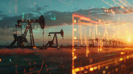 Oil pumps in a field at sunset with a digital screen overlay displaying financial charts representing rising gasoline prices.の素材