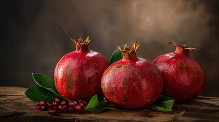 Three whole pomegranates with seeds and green leaves sit on a rustic wooden surface.の素材