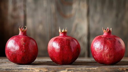 Three ripe pomegranates sit on a rustic wooden surface, showing their deep red color and juicy seeds.の素材
