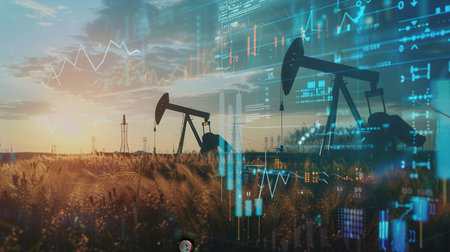 Oil pumps stand silhouetted against a setting sun, overlaid with financial charts showing rising prices.の素材