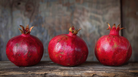 Three ripe pomegranates with visible seeds are displayed on a rustic wooden surface.の素材