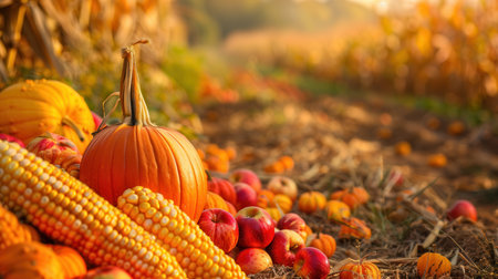 Ripe pumpkins, apples, and corn are scattered across a field, showing the vibrant colors and abundance of a fall harvest.の素材
