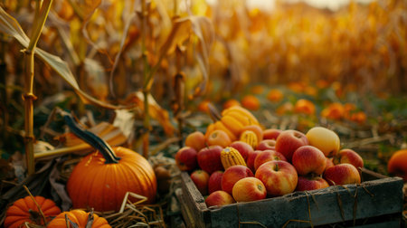 A wooden crate overflowing with red apples sits amidst a field of golden corn stalks, ripe pumpkins, and the warm glow of the setting sun.の素材