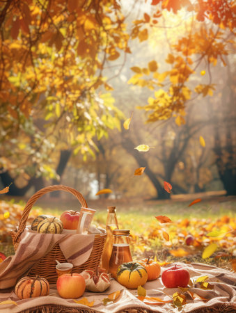 A wicker basket filled with food and drinks sits on a blanket spread out on the ground, surrounded by colorful autumn leaves.の素材
