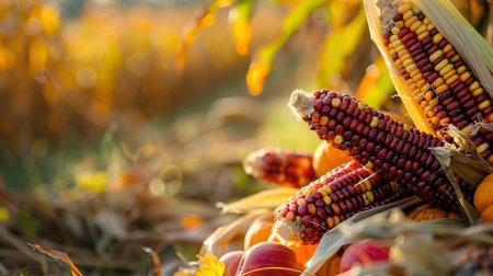 A close-up of colorful Indian corn, pumpkins, and apples in an autumn field.の素材