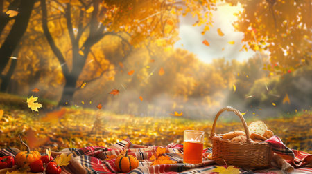 A cozy picnic blanket with a basket of food and drinks is set up in a forest, surrounded by vibrant golden falling leaves from the trees.の素材