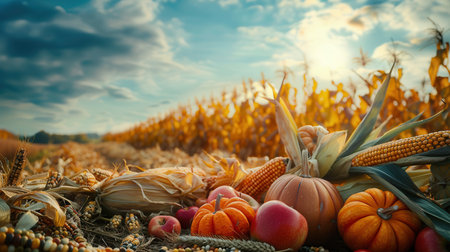 A bountiful autumn harvest, with pumpkins, apples, and corn.の素材