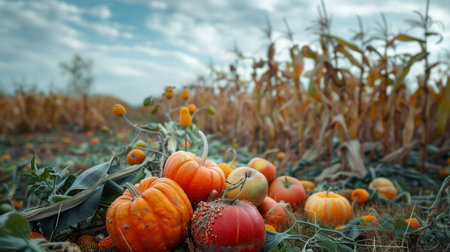 Pumpkins, gourds, and apples lay scattered in a field of dried corn stalks.の素材