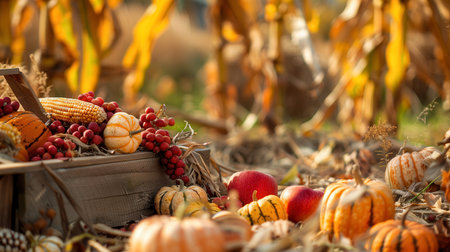 A wooden crate overflowing with the bounty of autumn - corn, pumpkins, and apples - sits on a bed of fallen leaves in a field.の素材