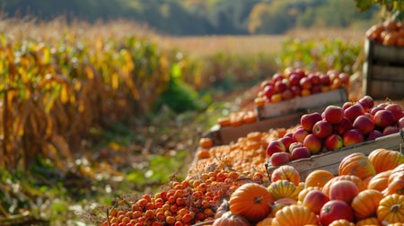 A picturesque scene of a field filled with the vibrant colors of autumn. Wooden crates overflowing with pumpkins, apples, and corn showcase the season's bounty.の素材