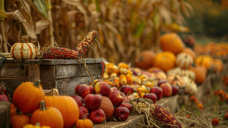 A bountiful display of autumn harvest, featuring corn, pumpkins, and apples, rests on rustic wooden crates and straw bales in a rural setting.の素材