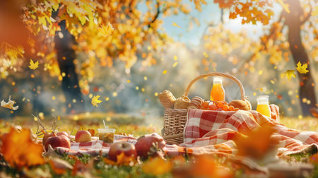 A picnic basket filled with food and drinks sits on a red and white checkered blanket under a canopy of golden fall foliage.の素材