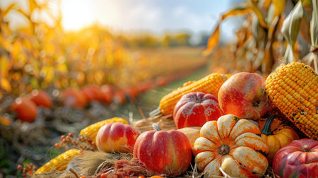 A bountiful autumn harvest of corn, pumpkins, gourds, and apples rests on the ground in a field, basking in the warm sunlight.の素材