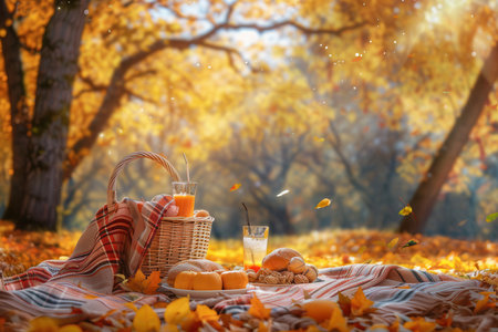 A picnic blanket with a basket of food and drinks is set up in a forest with golden trees.の素材