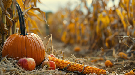 A large, ripe pumpkin sits in a cornfield with other harvested fall crops, including corn and apples.の素材