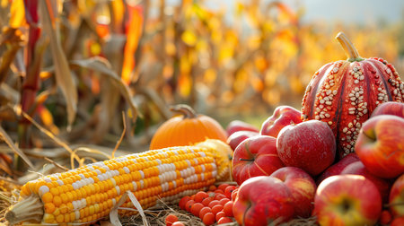 A close-up of an ear of corn, pumpkins, and apples, surrounded by dried corn stalks in a field.の素材