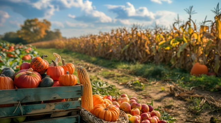 A crate with pumpkins, apples, and corn in front of a harvested cornfield under a cloudy blue sky with a hint of sunshineの素材