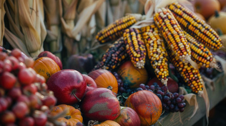 A close-up view of an autumn harvest, showing vibrant corn, pumpkins, and apples, arranged together in a field.の素材