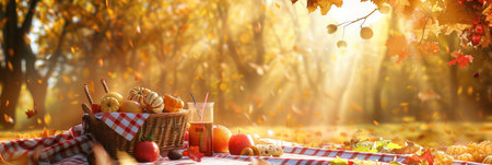 A picnic blanket is laid out in the woods, with a basket of food and drinks. Autumn leaves fall from the golden trees.の素材
