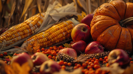A bountiful autumn harvest with corn, pumpkins, and apples displayed on a bed of fallen leaves and berries.の素材