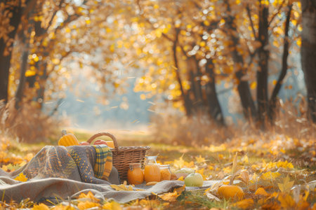 A wicker basket filled with food and drinks sits on a blanket spread out in a clearing among golden trees.の素材