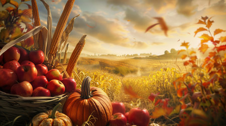 A basket overflowing with apples sits in a field of golden corn stalks with a large pumpkin and other fall fruits.の素材